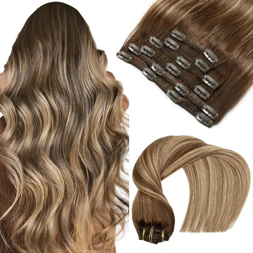 Vista 20 de VINBAO Extensiones de cabello humano con clip, balayage, color marrón ceniza a rubio caramelo, 14 pulgadas, 6 unidades, 3.53 onzas, 6