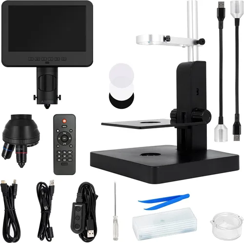 Vista 9 de JL246PS Microscopio digital HDMI de 3 lentes de 7 pulgadas 4000X, microscopio biológico para adultos y niños con diapositivas preparadas, video UHD