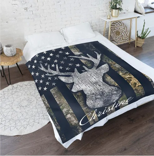 Vista 2 de XOZOTY Manta de bebé con diseño de ciervo y camuflaje con nombre y texto, manta personalizada para recién nacidos, para niños y niñas, regalo