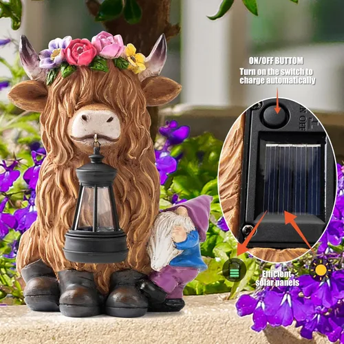 Vista 3 de TOLIMI - Farol de jardín con estatuas de resina de vaca de las tierras altas con gnomo, decoración de luz solar para exteriores, decoraciones
