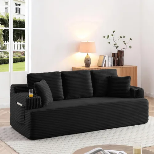 Vista 13 de Sofá sin hueso de 66.5 pulgadas con portavasos y bolsillos laterales, sofá biplaza tapizado de tela de pana moderna con 2 almohadas para sala