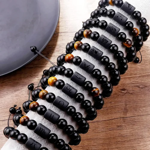 Vista 6 de SUMMER LOVE Father's Day Gifts Zodiac Bracelet for Men Women 10mm Natural Black Onyx Stone Star Sign Constellation Beaded Protection Bracelet