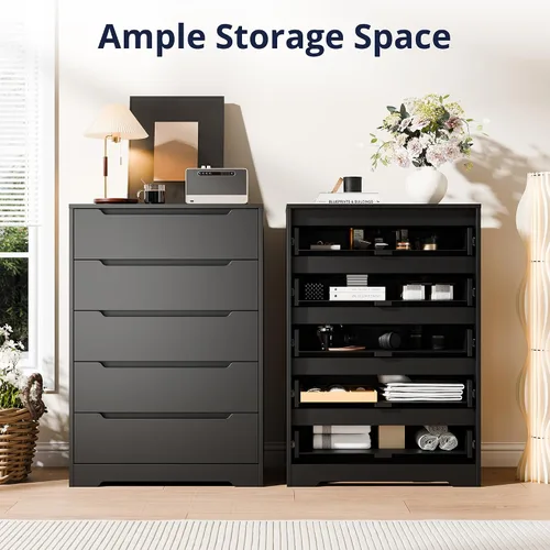 Vista 11 de Cozy Castle - Cómoda de 5 cajones, cómoda moderna de madera con gran organizador, gabinete de almacenamiento con acento de madera para sala de Negro