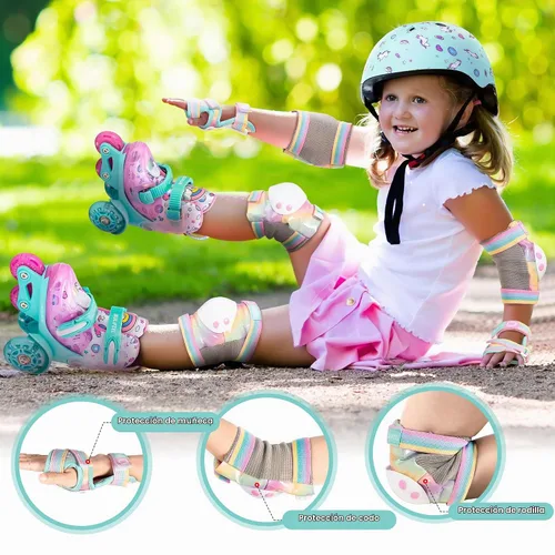 Vista 2 de Rodilleras de arcoíris y unicornio para niños, coderas, muñequeras con bolsa de cordón, juego de equipo de protección ajustable para niñas, patinaje