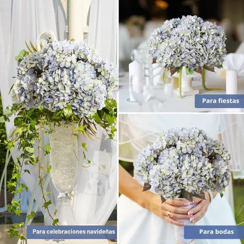 Vista 6 de Flores Artificiales Cabezas de Hortensias de Seda Falsa Ramo con Tallos al Por Mayor para Decoración de Otoño Centro de Mesa Navidad Interior Azul