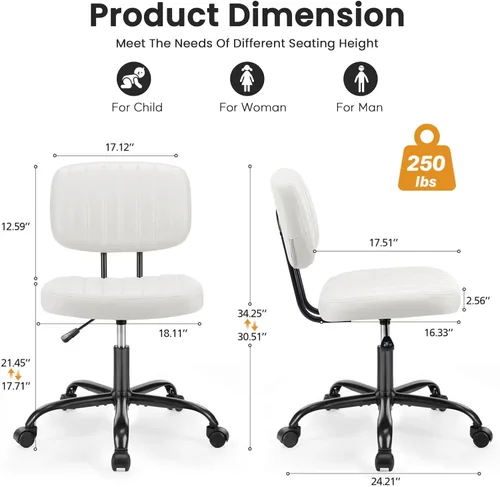 Vista 2 de Simple Deluxe Silla de escritorio pequeña, silla de oficina sin brazos con ruedas, de piel sintética, cómoda para computadora, giratoria, sin brazos