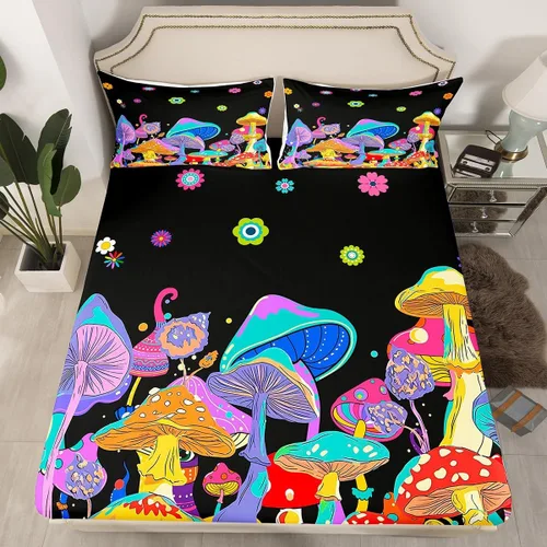 Vista 21 de Juego de sábanas ajustadas estilo 70s hippie retro para cama individual, juego vintage de otoño con hojas florales para niños y niños, juego de ropa
