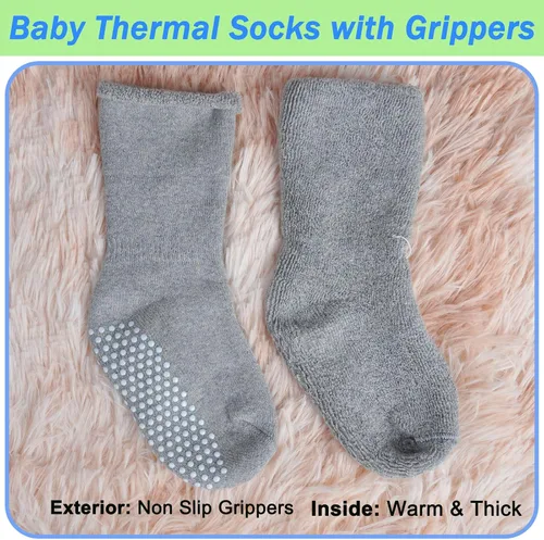 Vista 5 de hakugoo 6 pares de calcetines antideslizantes para niños pequeños con pinzas de invierno, gruesos, cálidos, acogedores, calcetines para bebés y niños