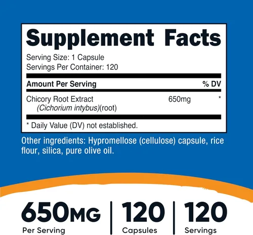 Vista 2 de Nutricost Raíz de achicoria de 650 mg por cápsula - 120 cápsulas a base de plantas, sin OMG, sin gluten