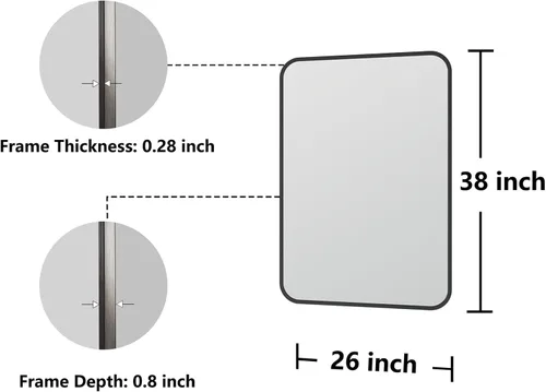 Vista 8 de Koonmi - Espejo de baño, espejo rectangular de pared de 26x38 pulgadas con acabado negro cepillado, vidrio templado HD, marco antióxido para Borde