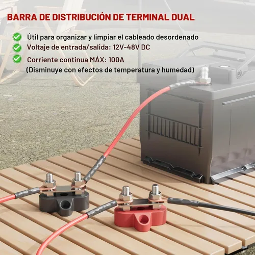 Vista 2 de RED WOLF Bloque de distribución de energía de 12 V 100 A, barra colectora de doble perno de 1/4", barra de bus terminal M6, poste de conexión
