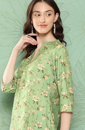 Vista 6 de Janasya Conjunto de coords con estampado floral digital de musgo verde para mujer