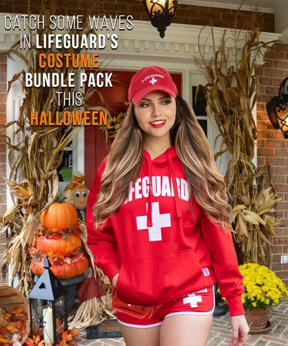 Vista 2 de LIFEGUARD Paquete de disfraz de Halloween con licencia oficial para mujer, paquete de sombrero, pantalones cortos con capucha y riñonera