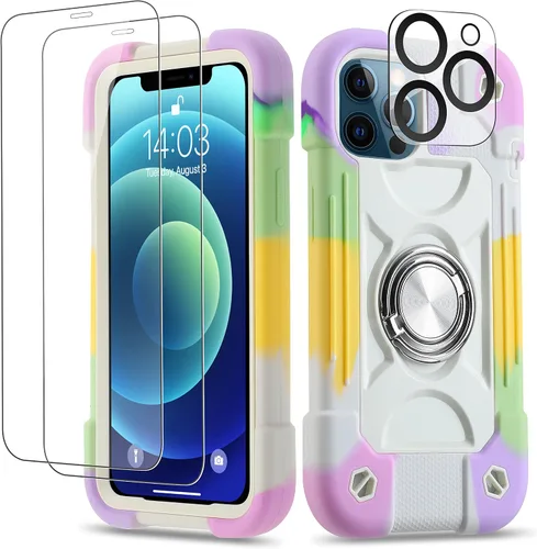 Vista 160 de Funda para iPhone 11 de 6.1 pulgadas con soporte de anillo, con 2 protectores de pantalla de vidrio, resistente a los golpes, resistente a