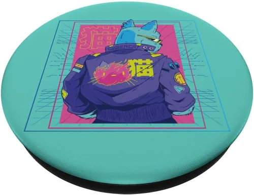 Vista 2 de Outrun Cyberpunk Cat 90s 80s Glitch Vaporwave Japanese PopSockets PopSockets intercambiables PopGrip