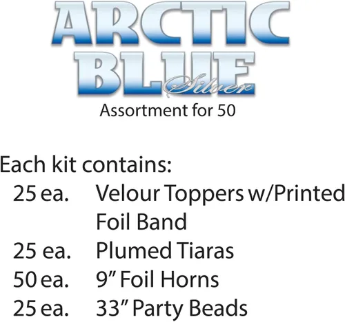 Vista 2 de Beistle Surtido azul ártico para 50 personas – Kit de fiesta de Nochevieja con adornos de terciopelo blanco, tiaras plumadas con purpurina, cuernos