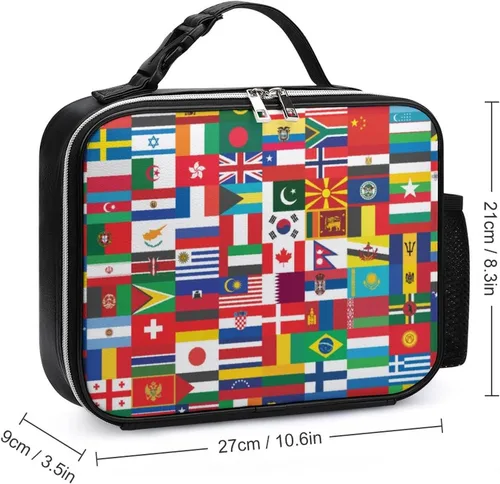 Vista 2 de Bolsa de almuerzo con bandera mundial, reutilizable, aislada, desmontable, de cuero, con asa para preparación de comidas, soporte para picnic