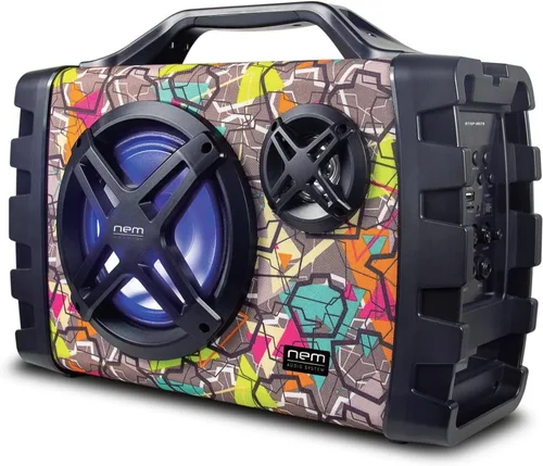 Vista 9 de NEM Mobi7e Altavoz estéreo portátil inalámbrico Bluetooth de alto rendimiento con graves extra, grabación USB, batería recargable, entrada de Negro