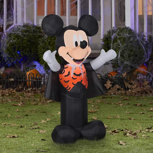 Vista 2 de Gemmy Mickey Mouse inflable de Halloween, 3.5 pies de alto iluminado Mickey como vampiro con chaleco de murciélago naranja, decoración de patio