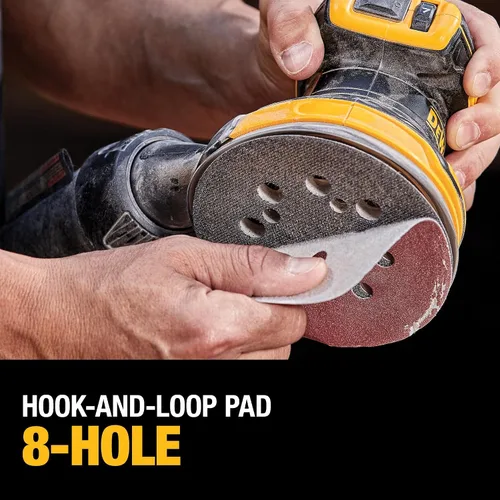 Vista 6 de DEWALT Lijadora orbital inalámbrica 20V MAX, herramienta de lijado de 5 pulgadas, 2.0Ah, 8,000-12,000 OPM, dial de velocidad variable, bolsa