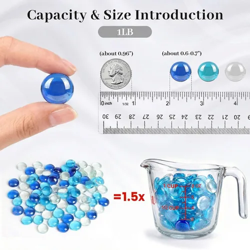 Vista 3 de FUTUREPLUSX Mixed and Dark Blue Flat Glass Marbles Bundle, Decorative Pebbles Gems Vase Fillers for Floral Arrangements, Polished Stones for Fish