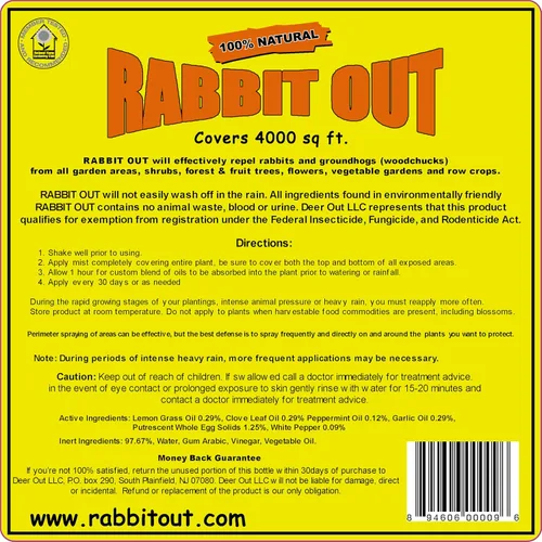 Vista 2 de Rabbit Out, repelente para conejos y marmotas, listo para usar, 1 galón * Pulverizador no incluido *, repelente de conejos, evita que los conejos