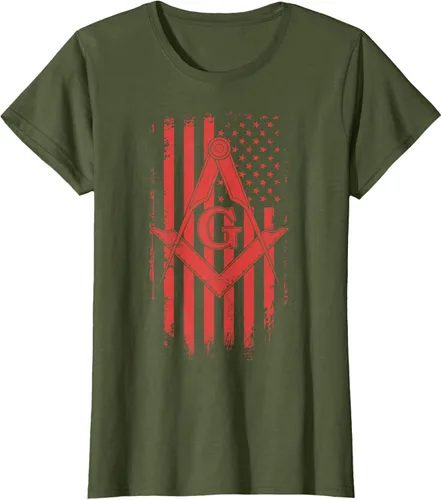 Vista 23 de Cuadrado y brújula Masónica de la bandera americana, masón, camiseta roja, Negro, S