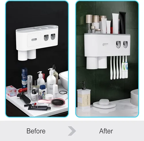 Vista 8 de Soporte para cepillos de dientes montado en la pared con 2 dispensadores automáticos de pasta de dientes, soportes para cepillos de dientes