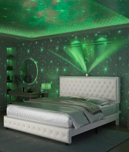 Vista 8 de Base de cama de plataforma tapizada tamaño Queen con cabecera LED, proyector de estrellas integrado y cabecera ajustable, no necesita somier, fácil