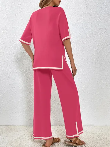 Vista 2 de SuperPrity Conjunto de suéter para mujer de 2 o 3 piezas, de manga cortalarga, suéter de punto, de cintura alta, pantalones de pierna ancha
