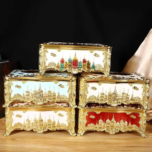Vista 6 de Soporte para cubierta de pañuelos, castillo creativo en relieve y diamantes de imitación rectangular de acrílico para caja de pañuelos