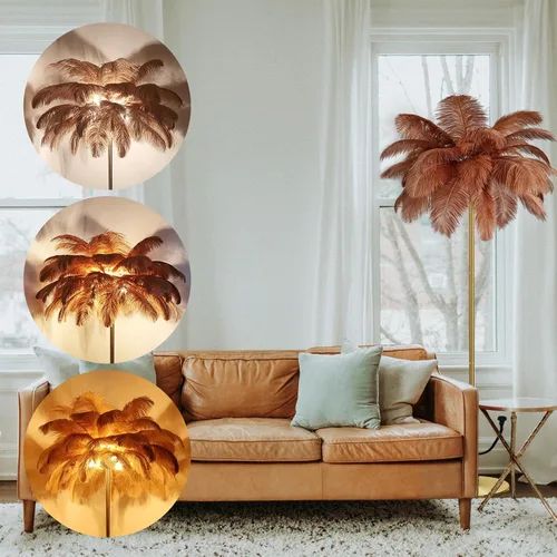 Vista 8 de Lámpara de pie de avestruz natural moderna para sala de estar, lámpara de pie LED con interruptor de pie, acabado dorado, elegante pantalla