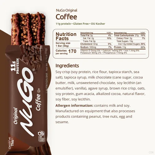Vista 2 de NuGo Barra de proteínas, café, 0.39 oz de proteína, sin gluten, 15