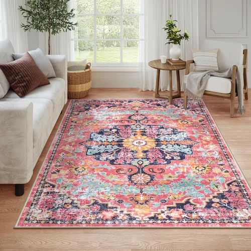 Vista 30 de Lahome Alfombra Floral Bohemio Medaillon - 2x3 Pequeña Alfombra de Baño Rosa Caliente, Alfombra de Cocina, Lavable a Máquina, Antideslizante, Suave