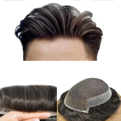 Vista 42 de Tupé para hombre con encaje suizo para hombre, sistema de reemplazo de cabello humano real, extensiones de nudo blanqueado para prótesis de cabello