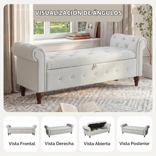 Vista 9 de NIOIIKIT Banco Otomano de Almacenamiento de 160 cm, Banco de Entrada con Botones Acolchados, Banco Largo de Brazos Enrollados para Dormitorio, Sala