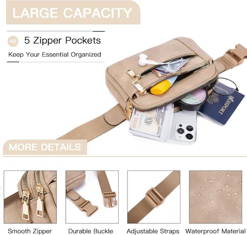 Vista 4 de Telena Riñoneras para mujer, bolso cruzado de cuero, bolso de cintura de moda con correa ajustable, Marrón claro