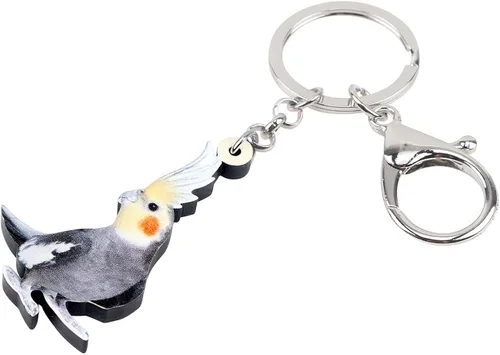 Vista 2 de BONSNY Llavero de acrílico gris cacatúa loro pájaro llavero para automóvil bolsas para amantes de los pájaros regalos de animales