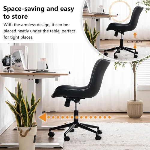 Vista 5 de YOUNIKE Silla de escritorio compacta negra para oficina en casa con ruedas, silla de tocador linda sin brazos cómoda con respaldo basculante