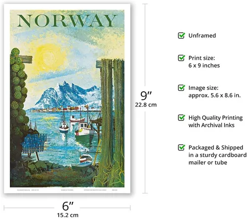 Vista 2 de Norway - Scandinavia - Boats in Fishing Village - Vintage Travel Poster by Lars Thorsen c.1940s - Master Art Print (Unframed) 6in x 9in