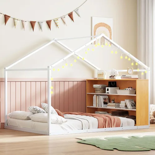 Vista 10 de Cama juguetona en forma de casa de tamaño matrimonial con estantes y luces, marco de cama de metal con techo para niños, adolescentes y adultos, un
