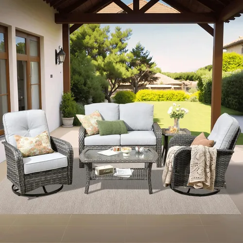Vista 46 de ovios - Juego de muebles de patio de 2 piezas, sofá de mimbre para exteriores con sillas, silla de ratán con respaldo alto con cómodos cojines