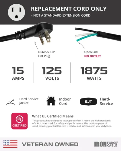 Vista 2 de Iron Forge Cable Cable de alimentación de repuesto, 12 AWG, 3 pies, color negro