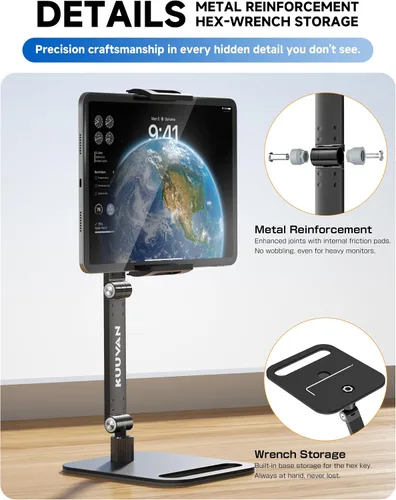 Vista 8 de Soporte para tableta para iPad, soporte de monitor portátil para 15.6 pulgadas, 17.3 pulgadas Aluminum Alloy Foldable Arm Mount with 360° Swivel