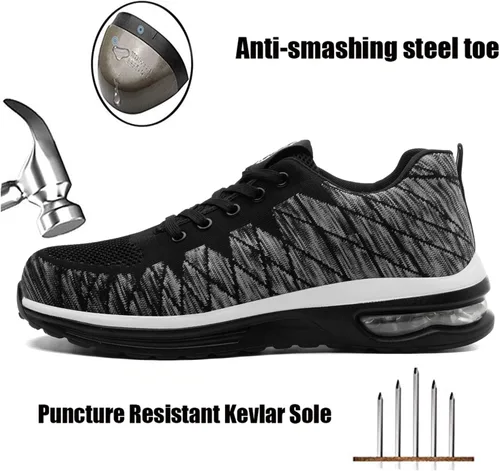 Vista 2 de MandyQ Zapatos de punta de acero para hombre, zapatos de seguridad para el trabajo, construcción de malla transpirable, ligeros, con amortiguación