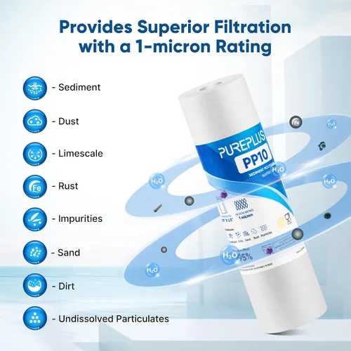 Vista 6 de PUREPLUS 1 micra 10" x 2.5" cartucho de filtro de agua sedimento para toda la casa de reemplazo para cualquier unidad RO de 10 pulgadas, Culligan