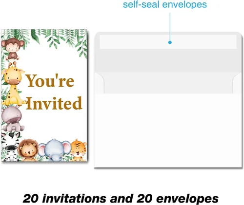 Vista 3 de Soiceu Safari Wild One - Invitaciones de primer cumpleaños con sobres, juego de 20 animales de la selva para niño