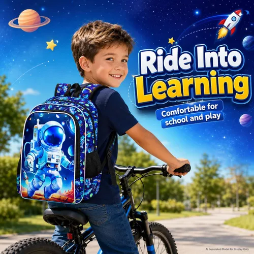 Vista 5 de gxtvo Mochila para niños de 3 piezas, 16 pulgadas con lonchera, resistente al agua, para preescolar, Astronauta Cohete Azul, Tamaño único, Impresión
