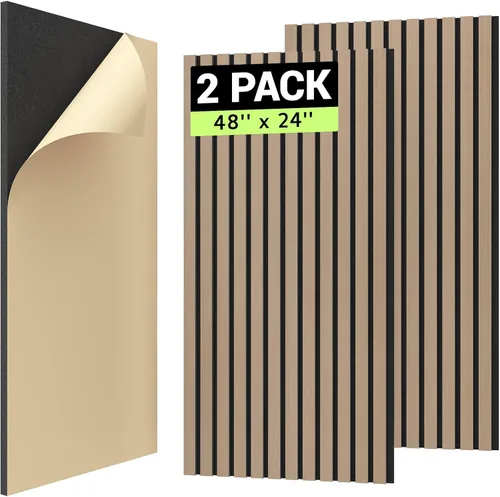 Vista 12 de TONOR 2 paneles de listones de madera, paneles acústicos adhesivos de 48 x 24 pulgadas para pared, paneles decorativos 3D estriados para absorción