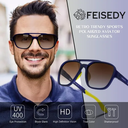 Vista 2 de FEISEDY Gafas de sol polarizadas de aviador para mujeres y hombres, retro de los años 70, vintage, clásico, ligero, TR-90, marco TAC, lente al aire